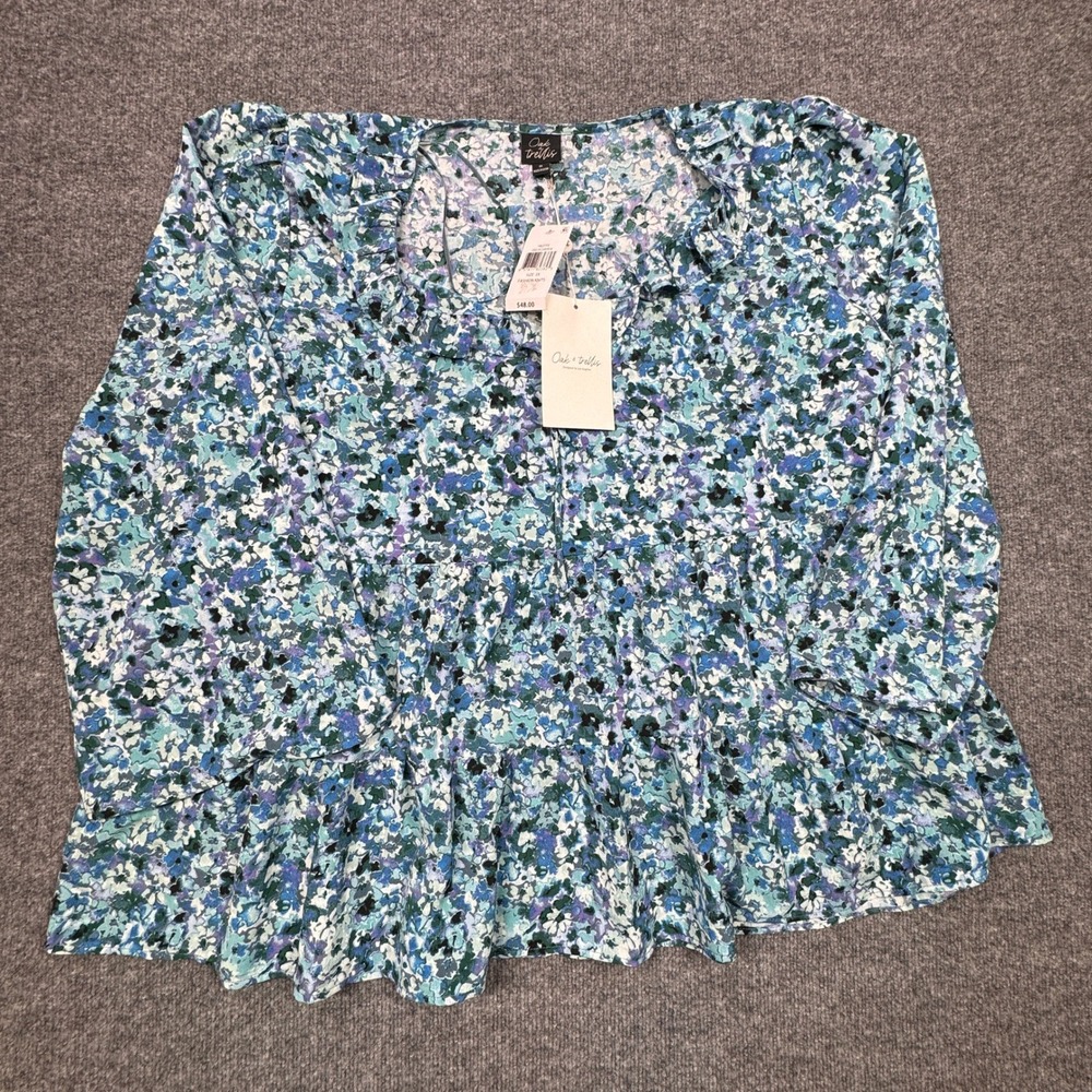 NWT Oak Trellis Top‎ Women 3X Blue Floral Tiered Ruffle V Neck Long Sleeve